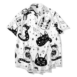 White Cosmic Trippy Galaxy Cat Graphic Short Sleeve  Button Up Collared Shirt Sm